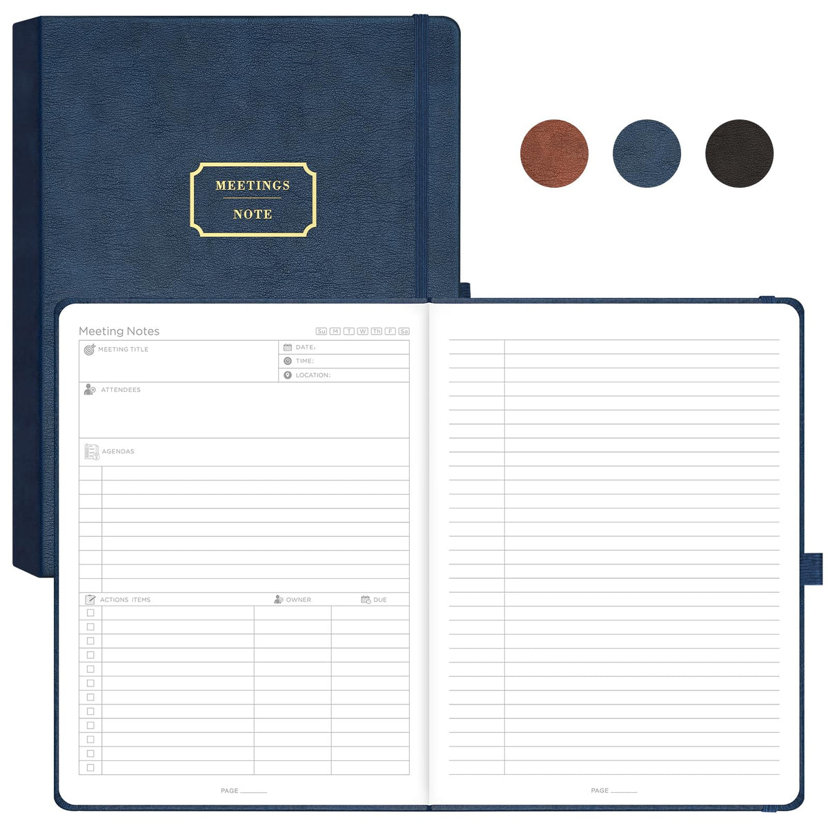 EMSHOI Meeting Notebook A4 Project Organiser - 240 Pages Hardback Notepad with Sticky Notes,100gsm Paper, Pen Loop, Inner Pocket, Leather Journal for Women Men Work Business, 21.5 x 29cm - Blue