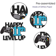 Gidobo 11th Birthday Cake Toppers, Black Glittery Cake Decorations with Controllers Themed, Eleven Years Old Level Up Video Game Birthday Party Supplies for Boys