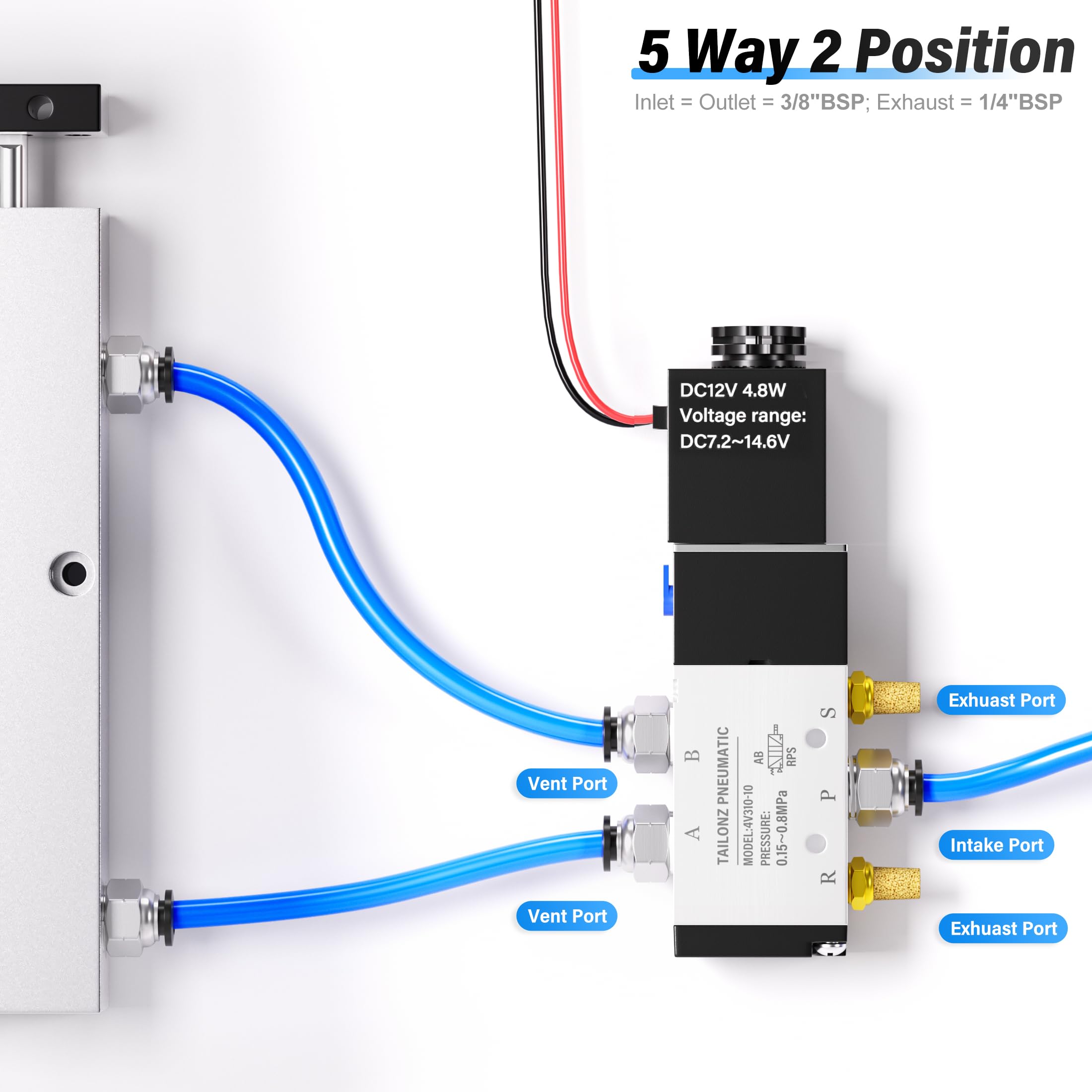 TAILONZ PNEUMATIC 3/8 Inch BSP Solenoid Valve 12V Single Coil Pilot-Operated Electric 2 Position 5 Way Connection Type 4V310-10