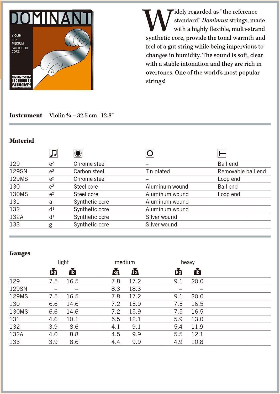 Thomastik Single string for Violin 4/4 Dominant - E-string Steel Blank, Soft, Ball End