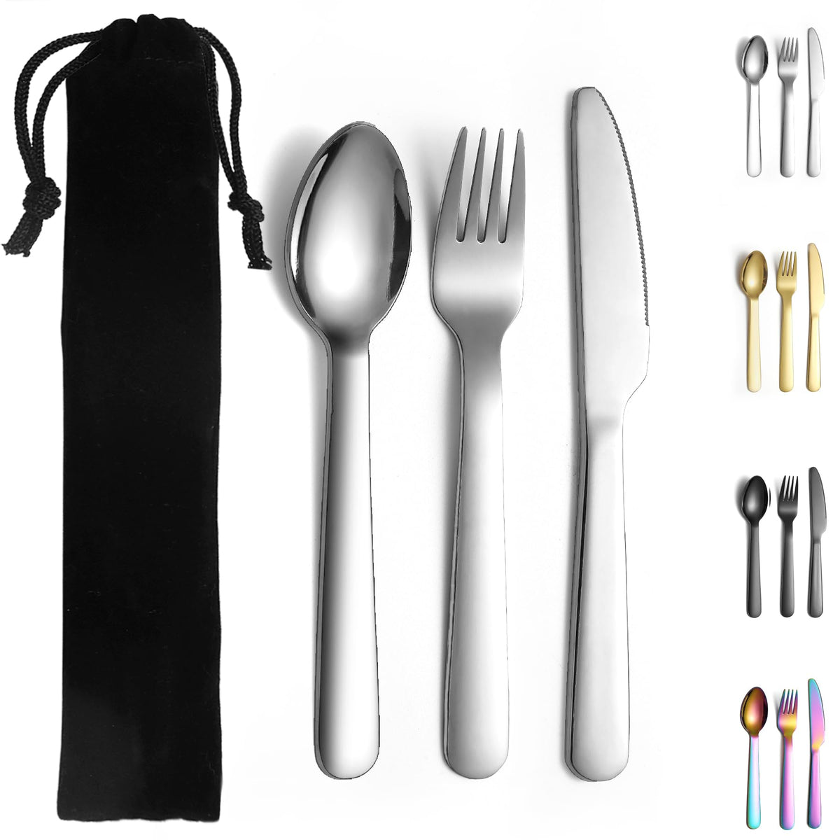 Evanda Portable Cutlery Set, Include Knife Fork Spoon, Stainless Steel Camping Flatware with Black Bag, for Outdoor, Picnic, Camping, Travel, Dishwasher Safe