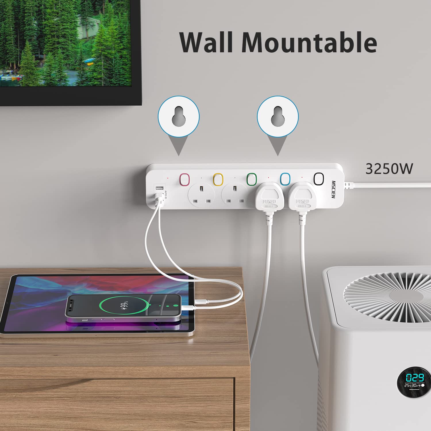 Mscien Extension Lead with USB Slots, 4 Way 3 USB Extension Socket with Individual Switches Mountable Overload Ptotection Power Strips with 1.8M Extension cable 3250W