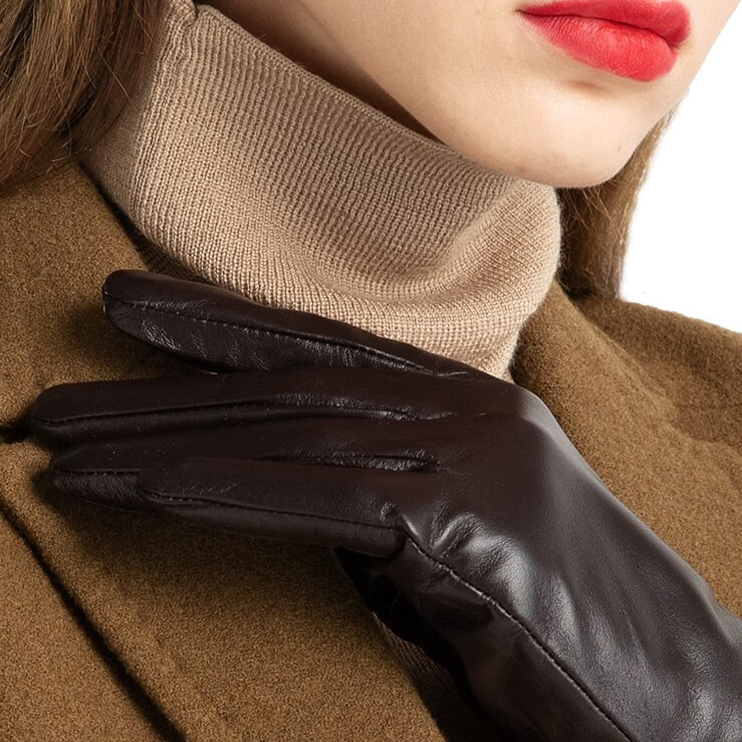 Women's Leather Gloves, Extra Soft and Warm Ladies Waterproof Gloves (L-XL, Brown)