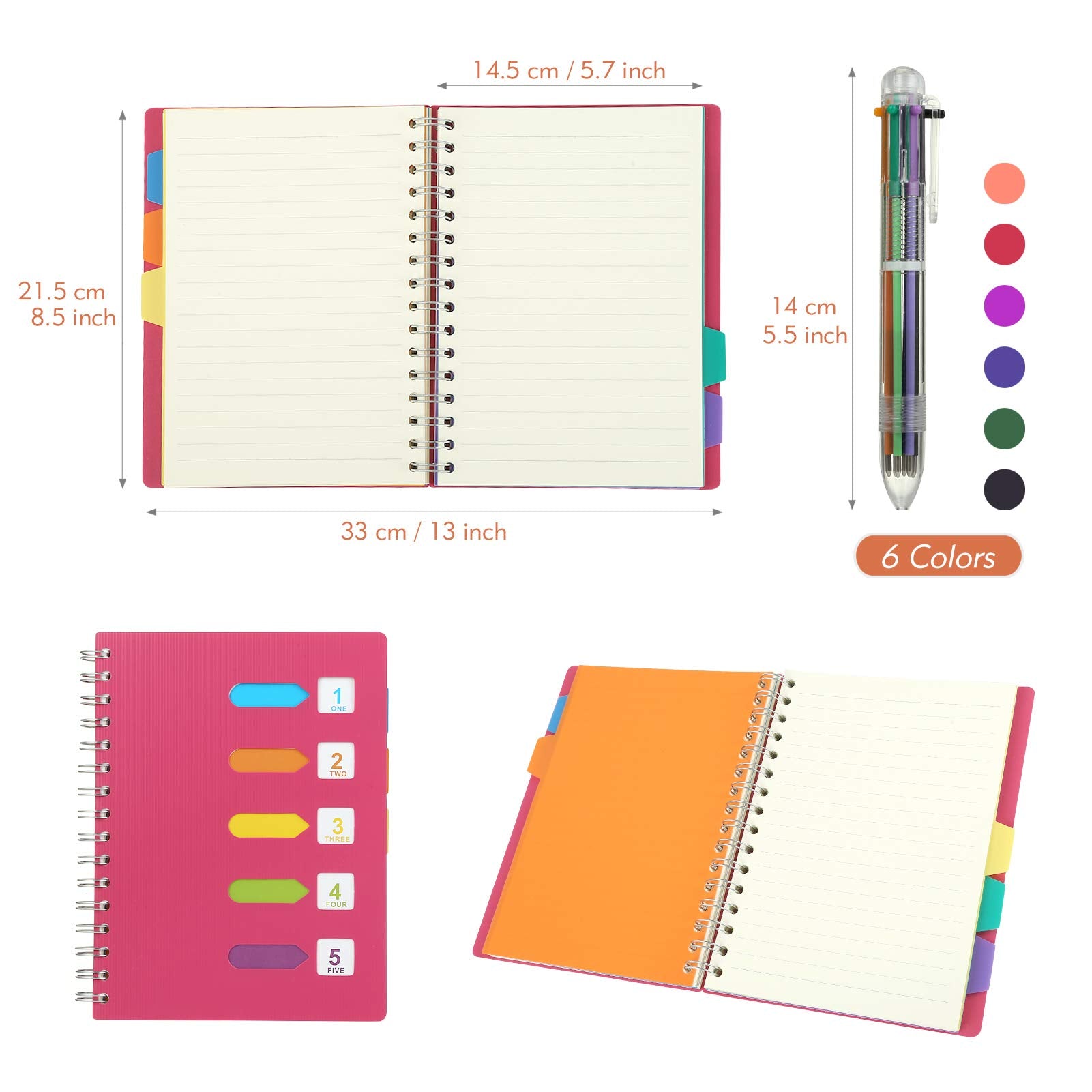 Kesote Lined Notebook with Multicolor Pen, Subject Notebook 120 Pages A5 Journal with 5 Colored Tab& 6-in-1 Retractable Ballpoint Color Pen - Rose Pink