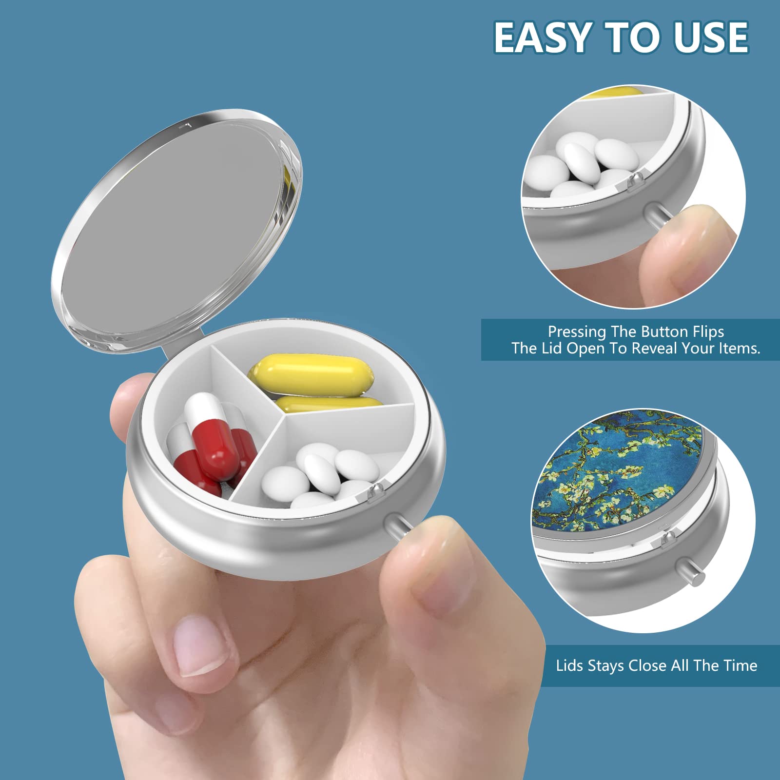 Pill Box 3 Compartment Medicine Pill Case,Portable Pill Box for Pocket or Purse Pill Box Decorative Metal Medicine Vitamin Organizer Unique Gift(Green Marble)