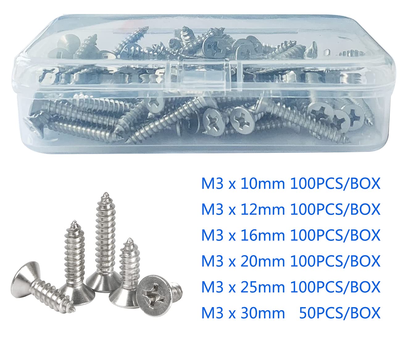 M3 Stainless Steel Self Tapping Screws,50pcs M3x30mm Phillips Flat Head Wood Srews DIY Woodworking Screws with Box (M3 X 30 50 PCS)