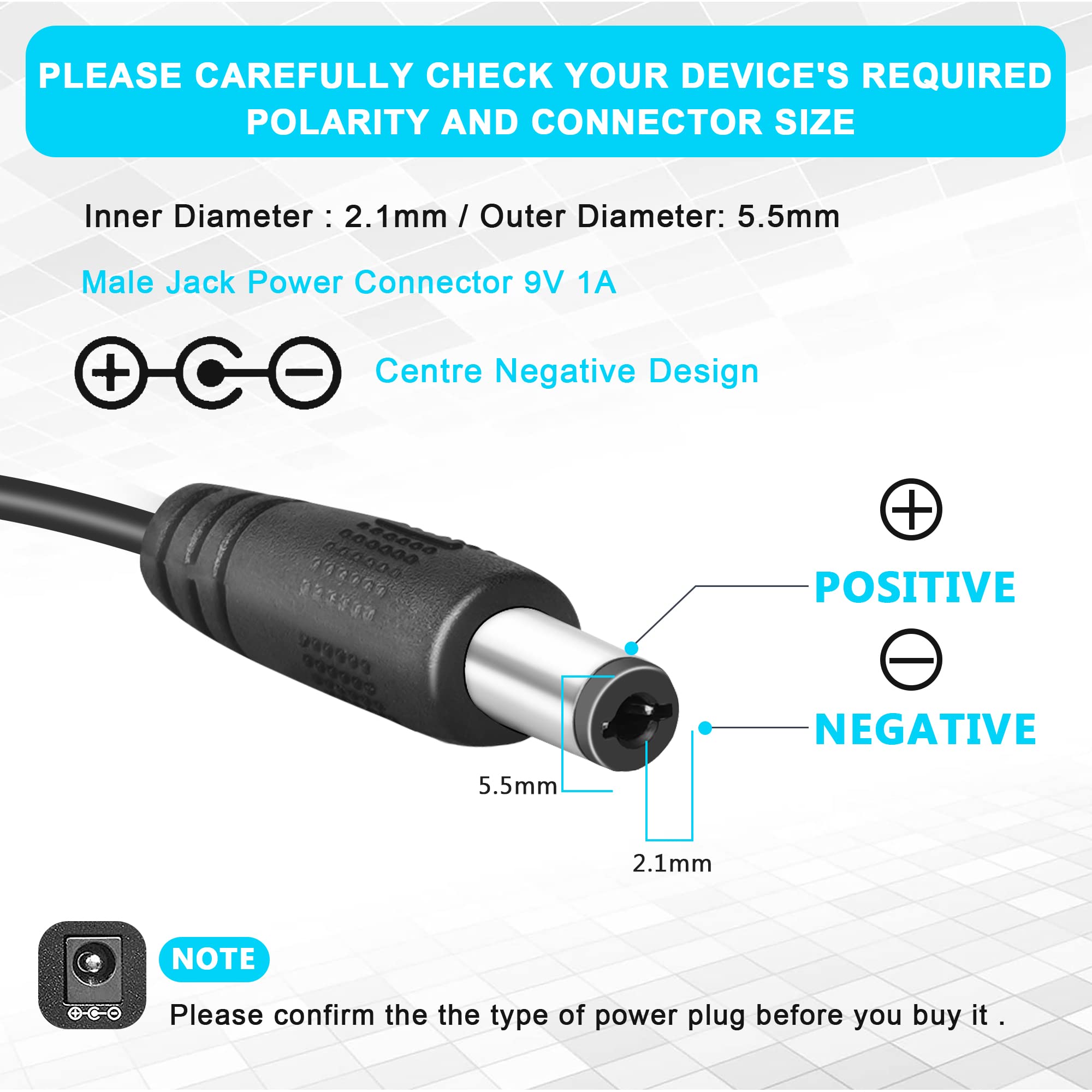 Guitar Pedal Adaptor Power Supply 9V DC 1A Centre Negative One Spot Charging Adapter Wall Charger Plug with 5 Way Daisy Chain Cables Cords for Guitar Bass Effects Pedal and Casio Keyboard, 10 Feet