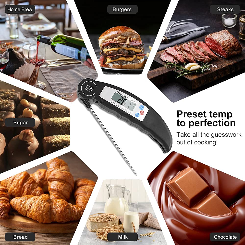 flintronic Food Thermometer, Digital Instant Read Meat High Accuracy Foldable Long Probe Food Cooking Thermometer with °F/°C, Auto On/Off Cooking Thermometer for Kitchen, BBQ, Milk, Water