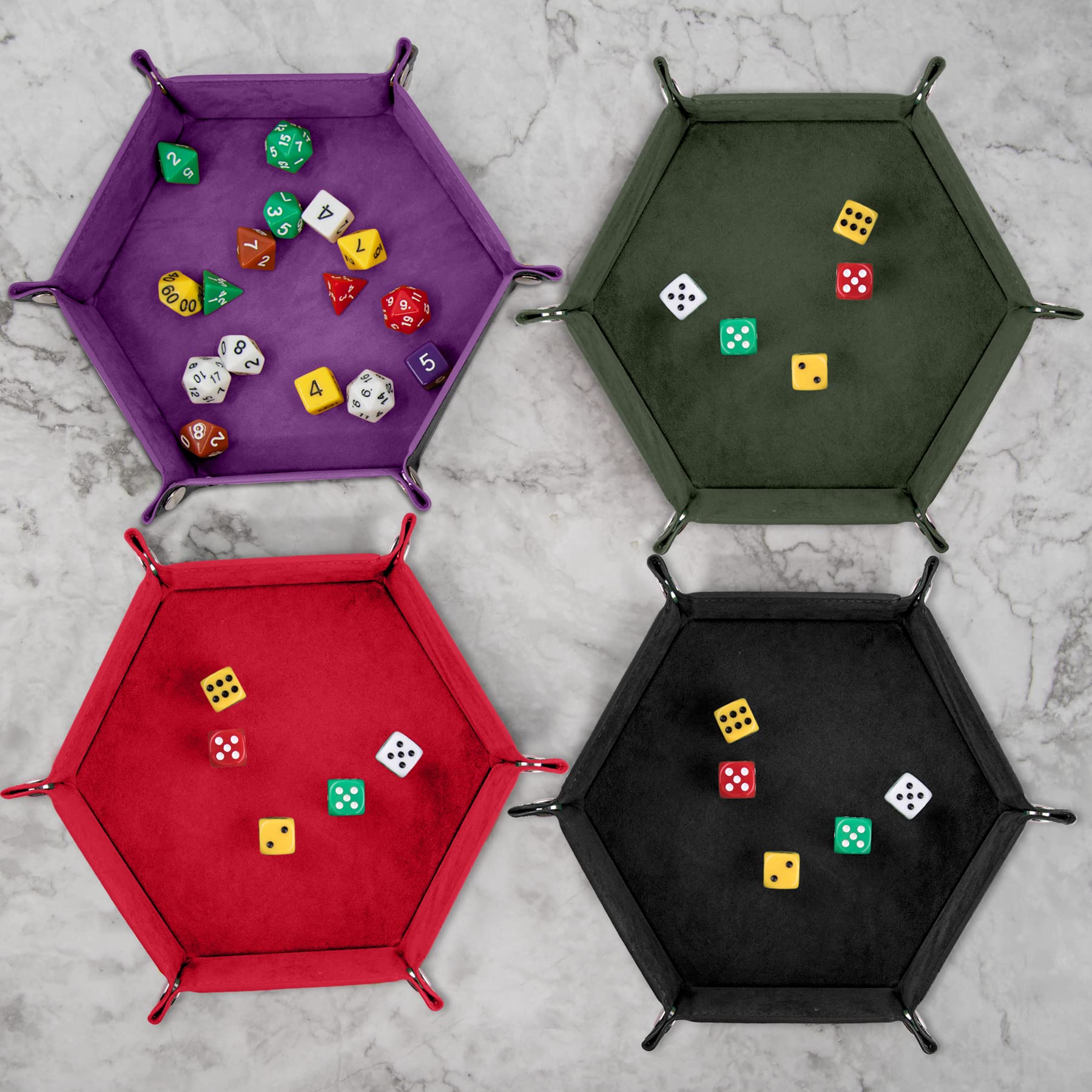 SIQUK 4 Pieces Dice Tray Hexagon Dice Rolling Tray Folding PU Leather Velvet Dice Tray for RPG DND and Other Dice Game (Dark Green, Violet, Red, Black)