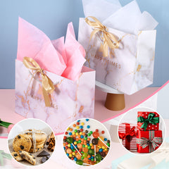 HuaJiao 2 Pack Gift Bags, Medium Paper Present Bags with 2 Tissue Paper and Bow Ribbon for Birthday Valentines Day Mothers Day Wedding Blue Pink (25 X 20 X 12 cm)