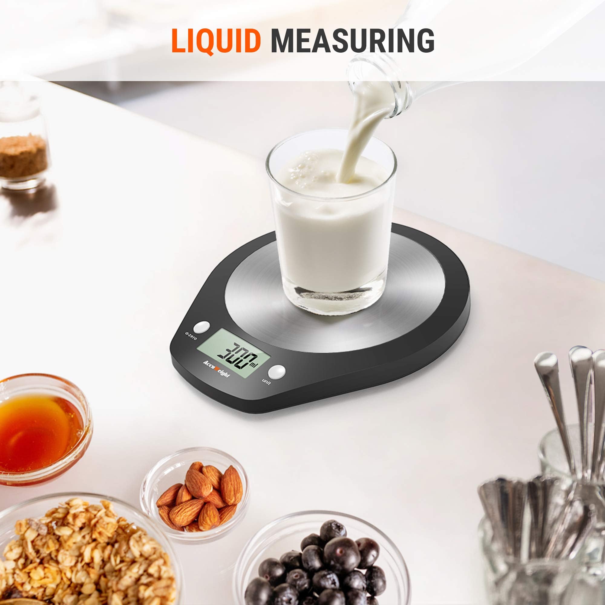 ACCUWEIGHT 203 Digital Kitchen Scale, Food or Mail, Electronic, Stainless Steel, Measuring Function for Liquid in ml and fl. oz., 5000g, 0.1 oz increments or 1g