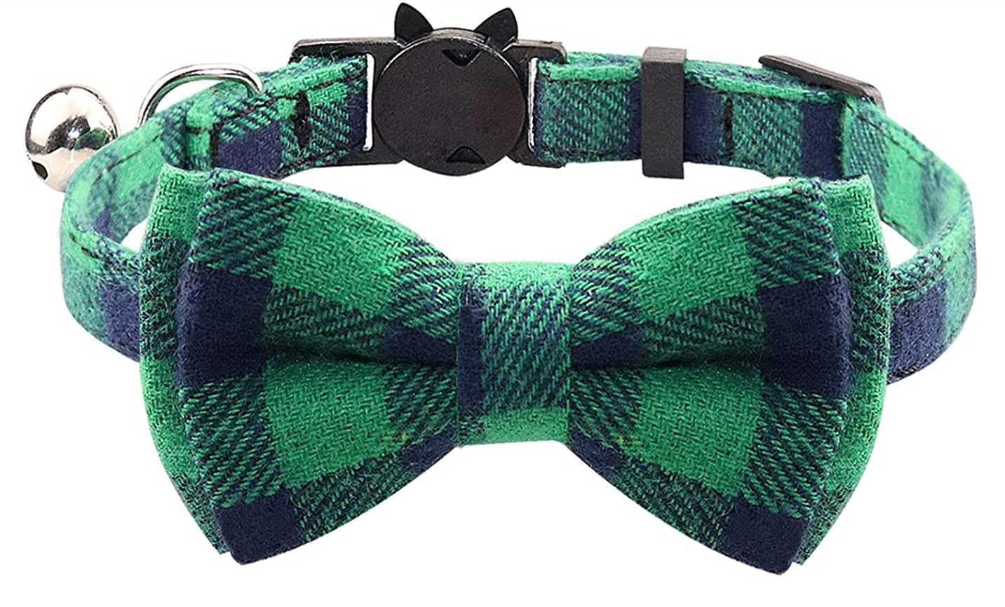 Cat Collar with Bell and Bow Tie, Quick Release Safety Buckle Collars for Kitten and Cats, Soft Tartan Design (Green & Blue)