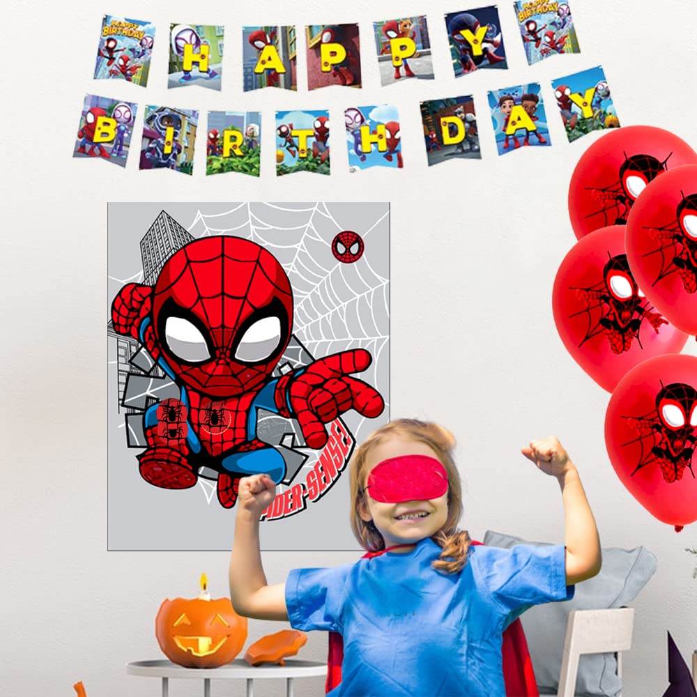 Volsha Pin the Spider on the Spiderman Game, 52×42cm Spiderman Party Game for Kids Girls with 24 PCs Spider Birthday Party Supplies for Wall Home Room Decorations (Spiderman)