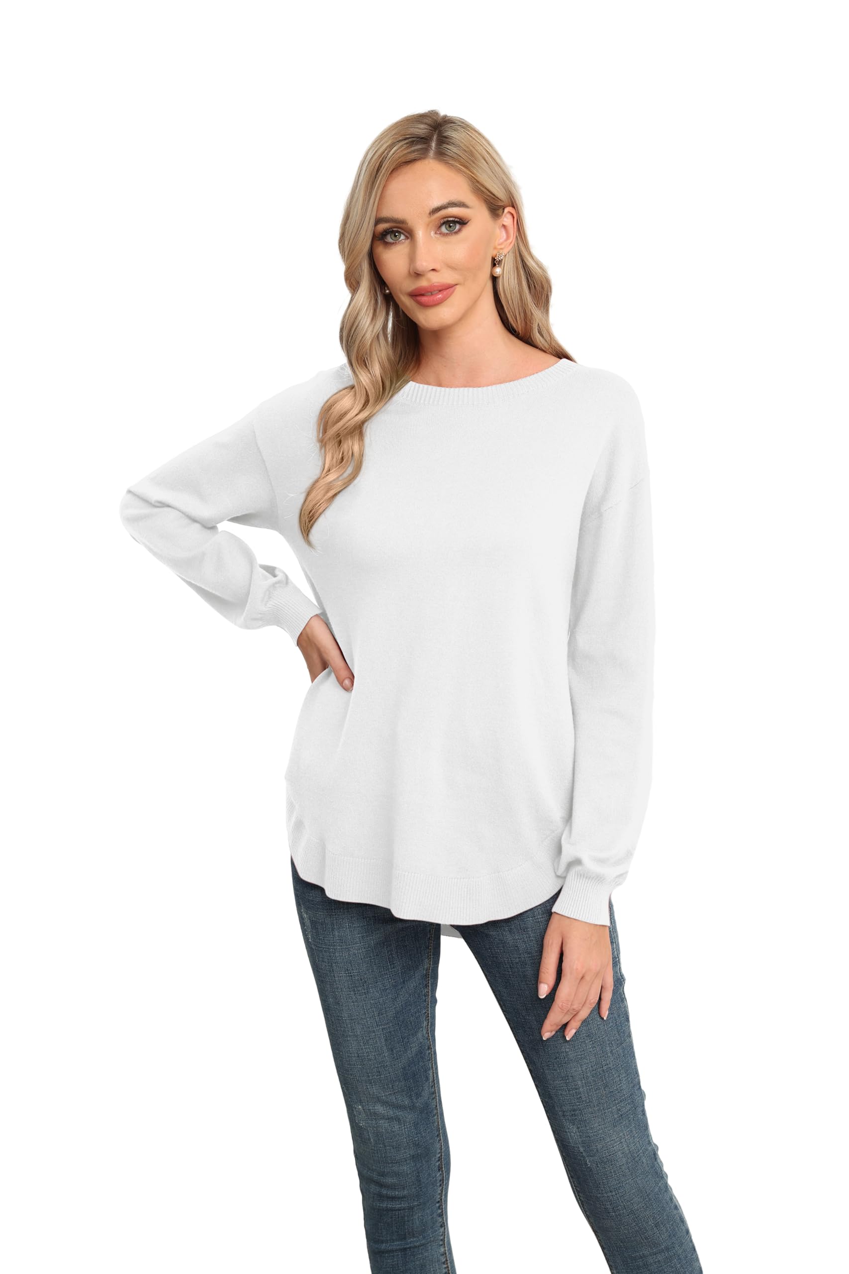 Versatile Crew Neck Sweater Tops for Everyday Style (White, XXL)