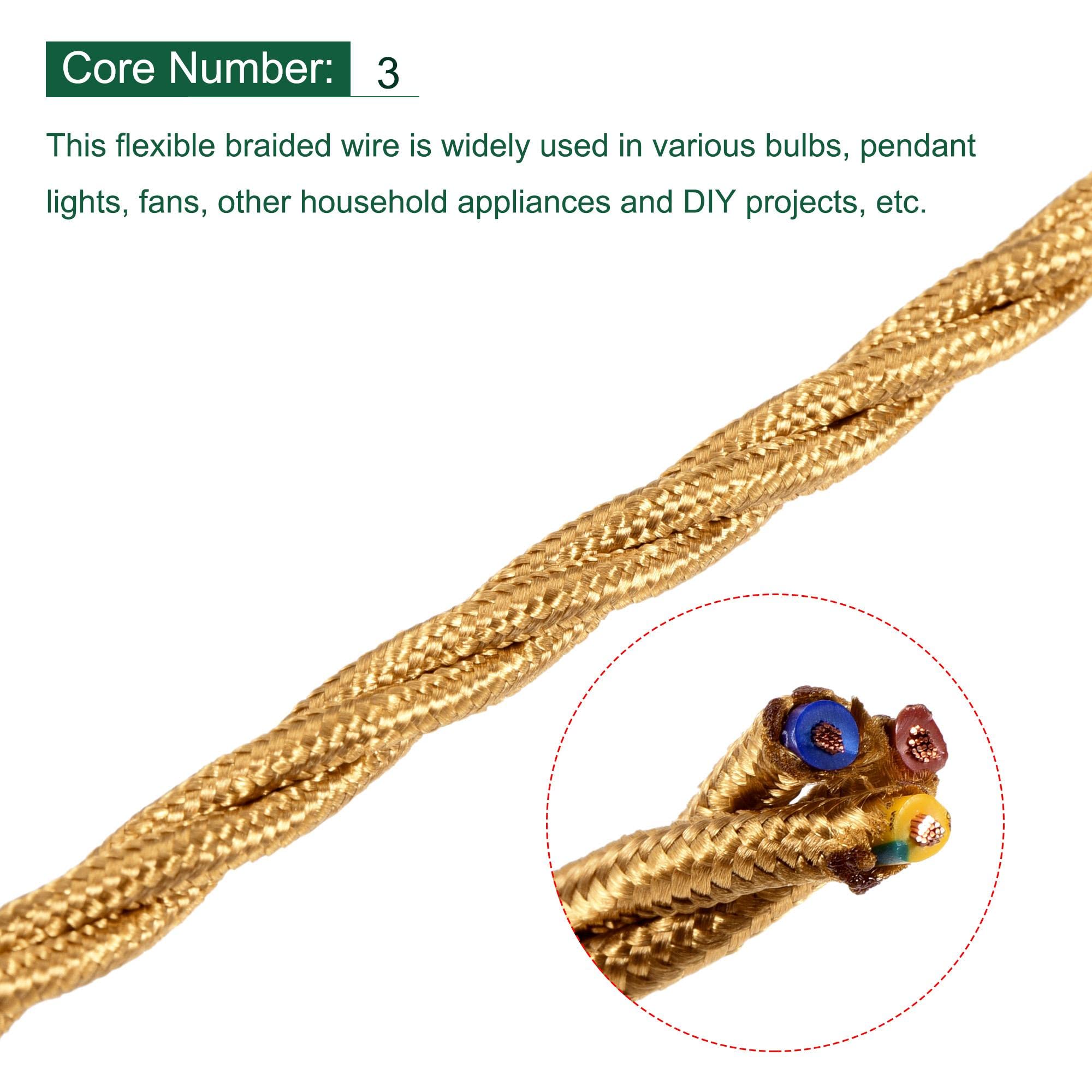 sourcing map Twisted Cloth Covered Wire 3 Core 18AWG 2 Meter/6.6 Feet, Vintage Woven Fabric Electrical Cable for Pendant Light DIY Project, Gold Tone