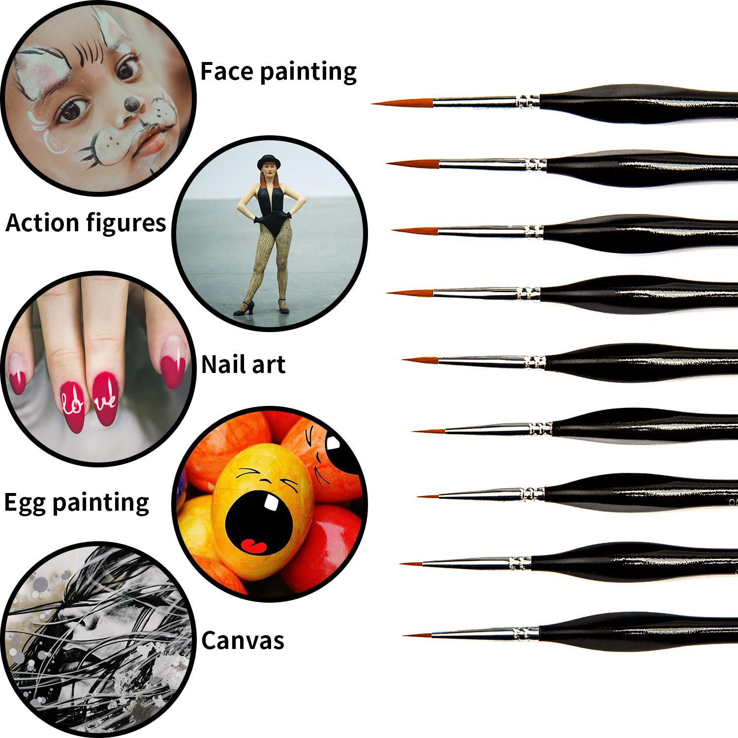 KINBOM 9 Pieces Fine Detail Paint Brush Miniature Painting Brushes Kit Mini Paints Brush Set for Acrylic, Watercolor, Oil, Face, Nail, Scale Model Painting, Line Drawing(Black)