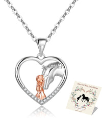 EXGOX Silver Horse Necklace for Women,Sterling Silver Girl and Horse Necklace Horse Gifts for Women Girls Heart Cubic Zirconia Horse Pendant Necklace Jewellery for Horse Lovers