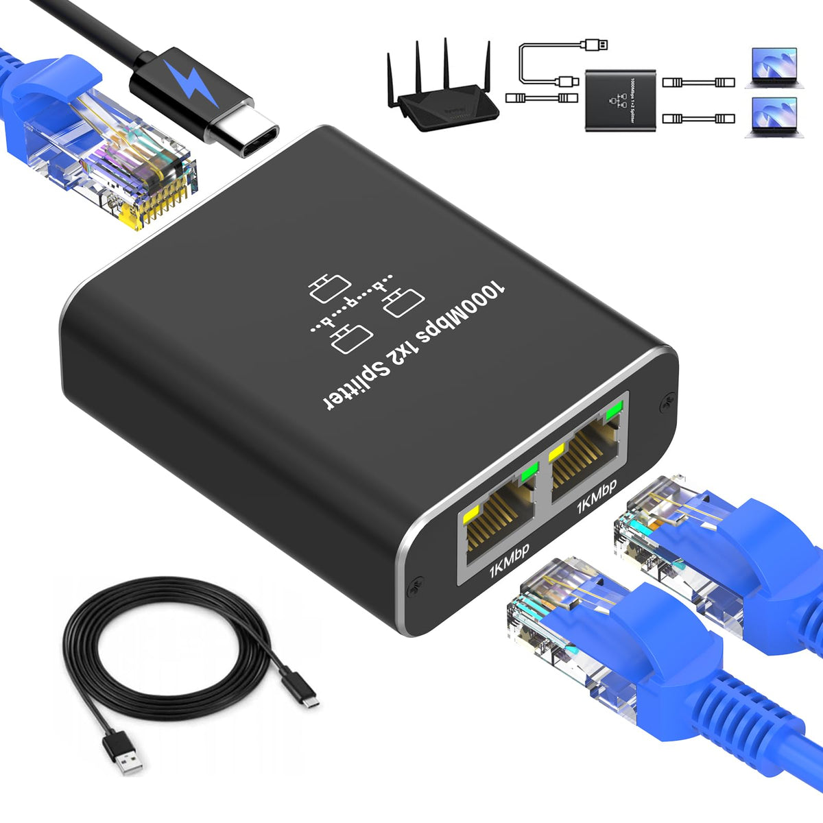 Ethernet Splitter 1 to 2, Gigabit Ethernet Switch, 1000Mbps RJ45 LAN Internet Splitter with USB-C Power Cable for Computer, Hub, Switch, Router, ADSL, Digital TV, etc Working Simultaneously