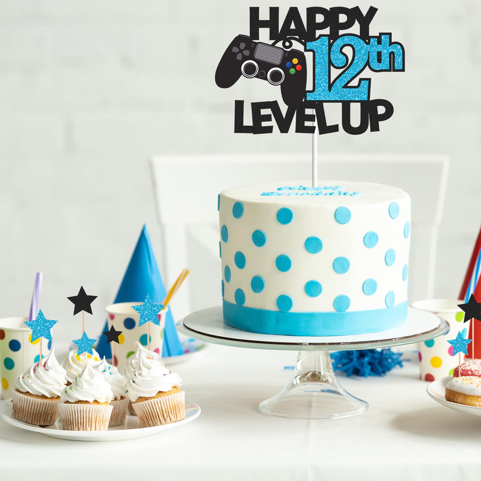 Gidobo 12th Birthday Cake Toppers, Black Glittery Cake Decorations with Controllers Themed, Twelve Years Old Level Up Video Game Birthday Party Supplies for Boys