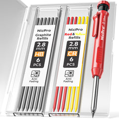 Nicpro Solid Carpenter Pencil for Construction with 13 Refills Leads and Built-in Sharpener, Red Deep Hole Markers Construction Pencils, Woodworking Pencil for Architect