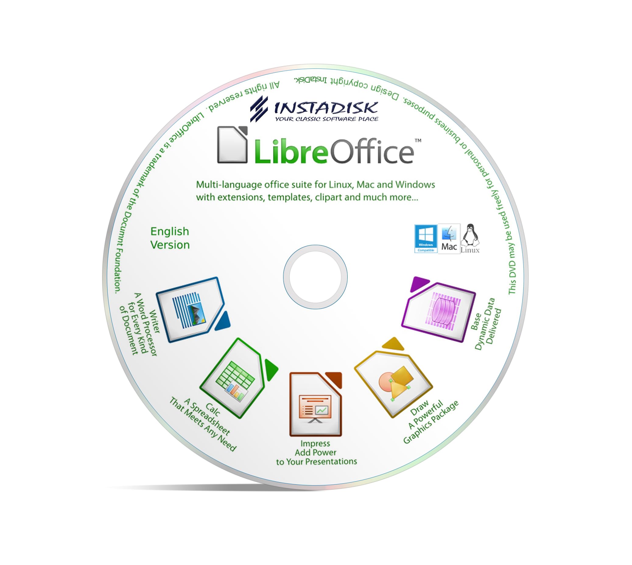 InstaDisk   Libre Office Suite 2024   Compatible with Microsoft Office 2019 365 2020 2016 2013 2010 2007 Word, Excel & PowerPoint   For Windows 11 10 8 8.1 7 Vista XP PC, Linux & Mac OS X