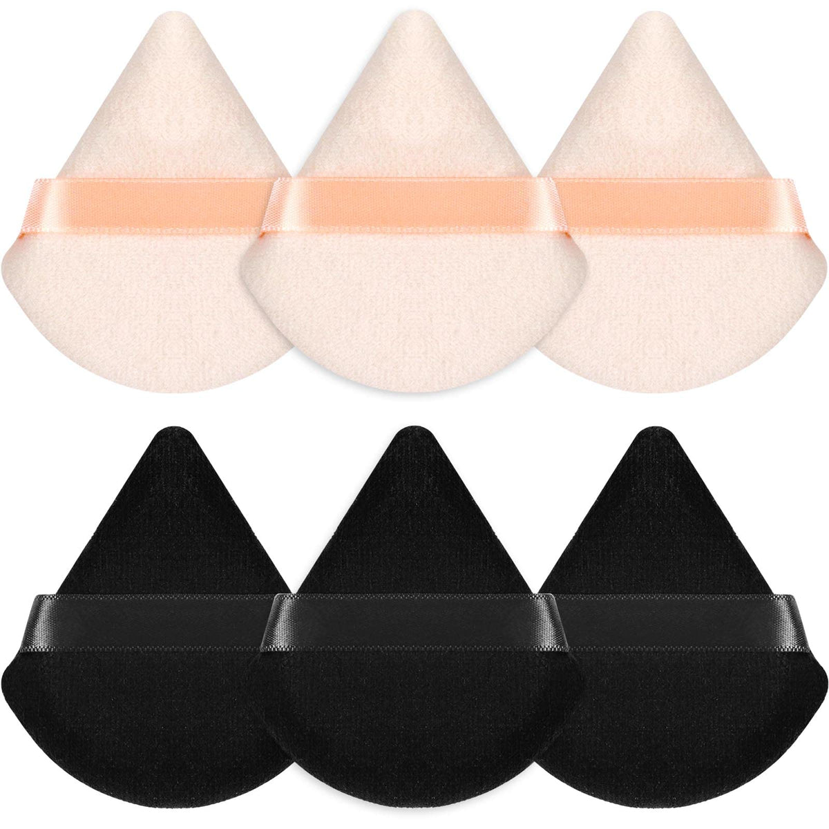 Sularpek Makeup Puff, 6 pcs Soft & Reusable Triangle Powder Puff, Reusable Foundation Sponge with Strap, Triangle Sponges for Loose Powder Cosmetic Foundation Wet Dry Makeup (Black, Color of Skin)