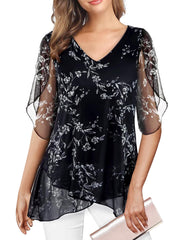 Gemulate Ladies Dressy Evening Tops for Cruise v Neck lace Tunic Tops to Wear with Leggings Flowy Chiffon Blouse Business Casual Wear for Women Black Medium