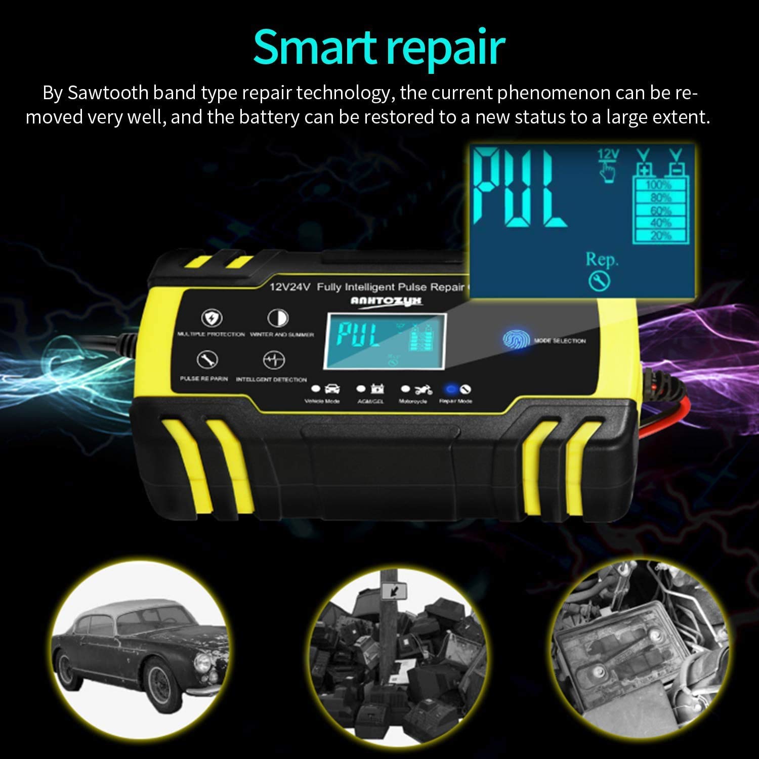 HAUSPROFI 12V/24V 8Amp Automatic Battery Charger with 3-Stage Charging, 6 Charging Mode and LCD Screen, Intelligent Charges, Repairs, Maintains Car Motorcycle Boat Mower Battery