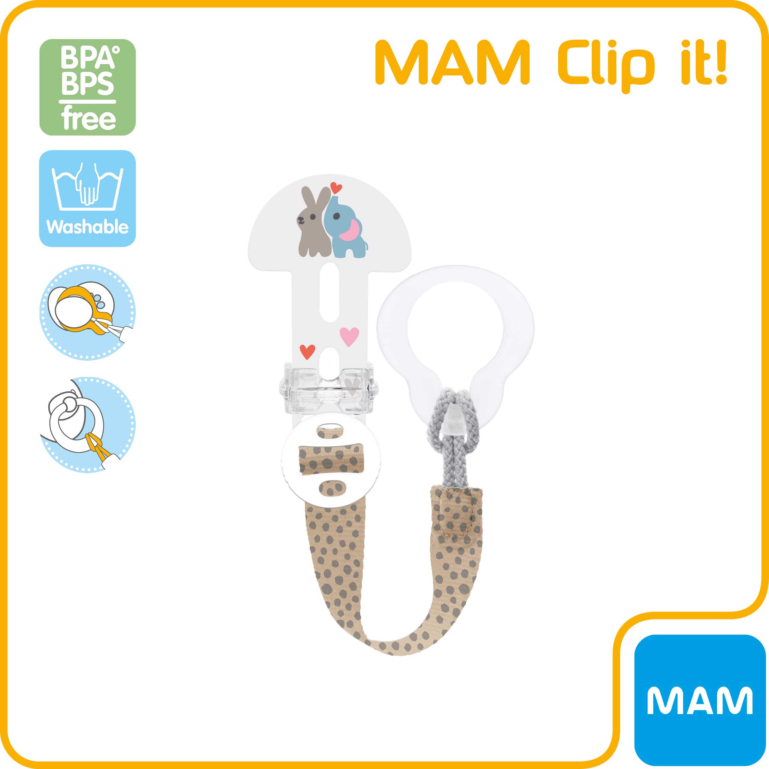 MAM Clip It, Baby Soother Chain Fits All MAM Soothers, Newborn Essentials, Spotted - Soothers Not Included (Designs May Vary)