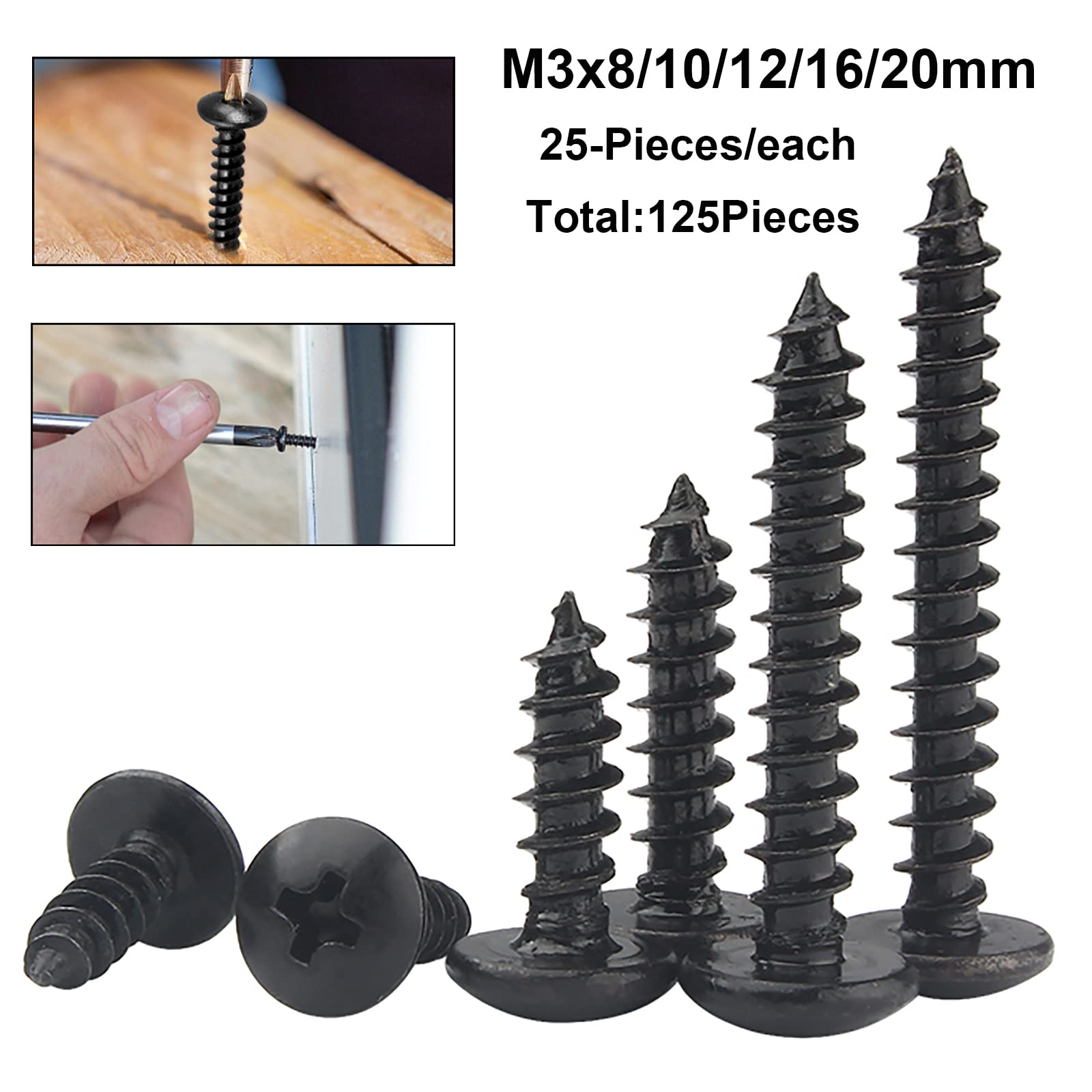 FandWay Phillips Round Head Self Tapping Screws, M3 x 8/10/12/16/20mm, Black Carbon Steel Mushroom Head Wood Screws, Truss Head Self Drilling Screws Assortment Set (25-Pieces/each)