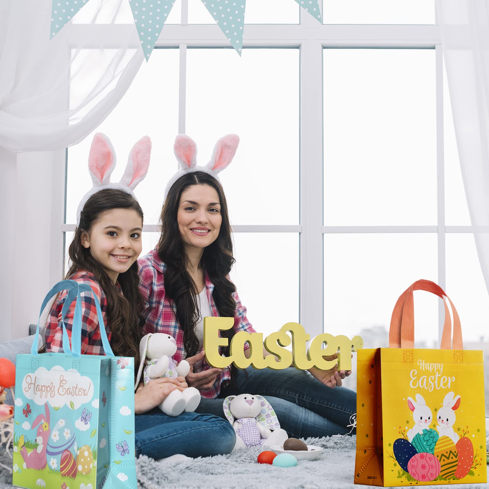 Easter Gift Bags, 4 Pcs Easter Bunny Bags for Kids, Easter Egg Hunt Bags with Handles, Reusable Chocolate Sweets Treat Candy Easter Bunny Ear Party Bags for Party Favors