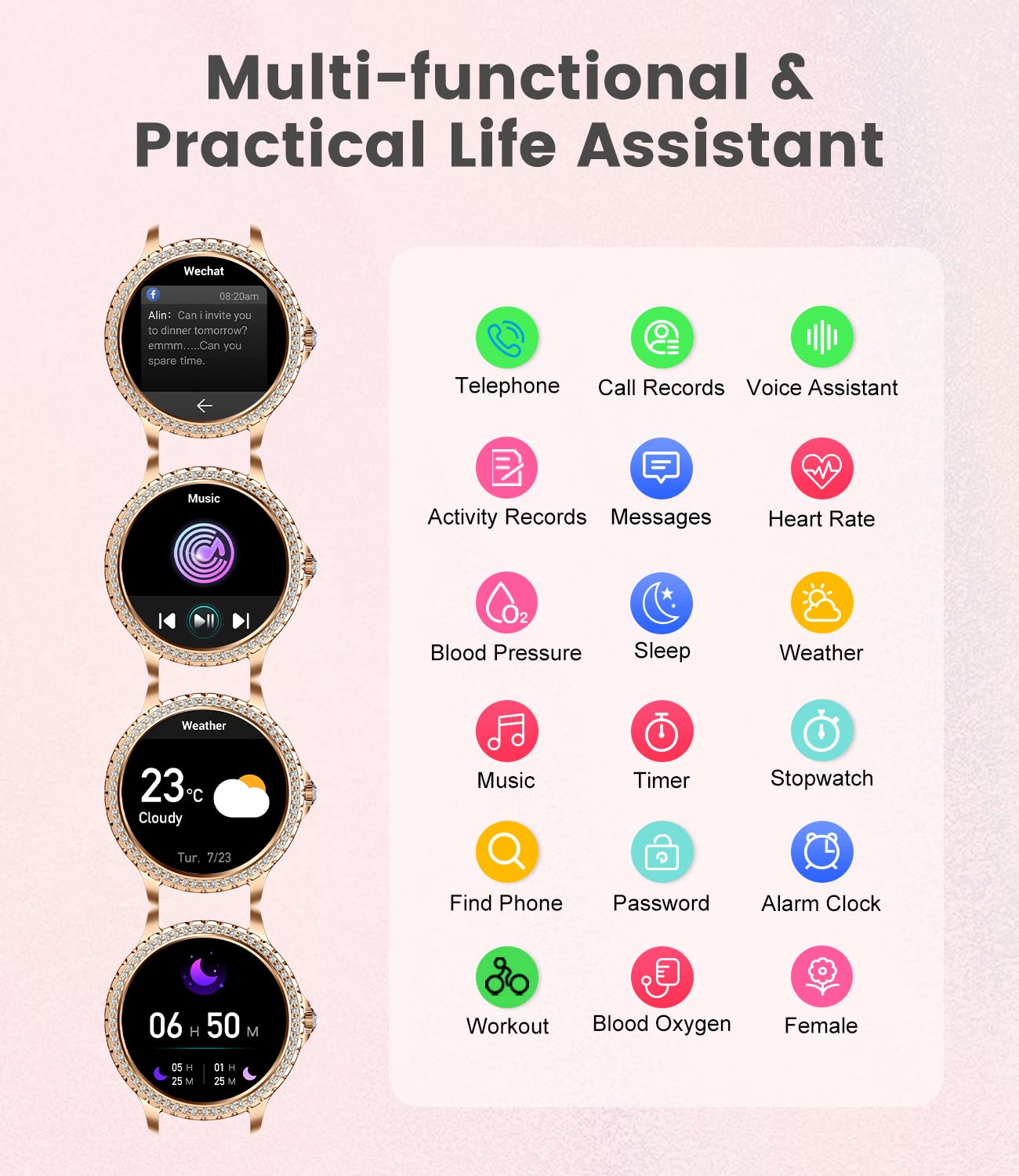 Women's Smart Watch Bluetooth Phone Calls for Android iOS 100and Sport Fitness Tracker 1.32 inches HD Female Smartwatch Heart Rate Sleep Monitor Diamond Ladies Smartwatch Rose Gold Steel,2 Watch Straps