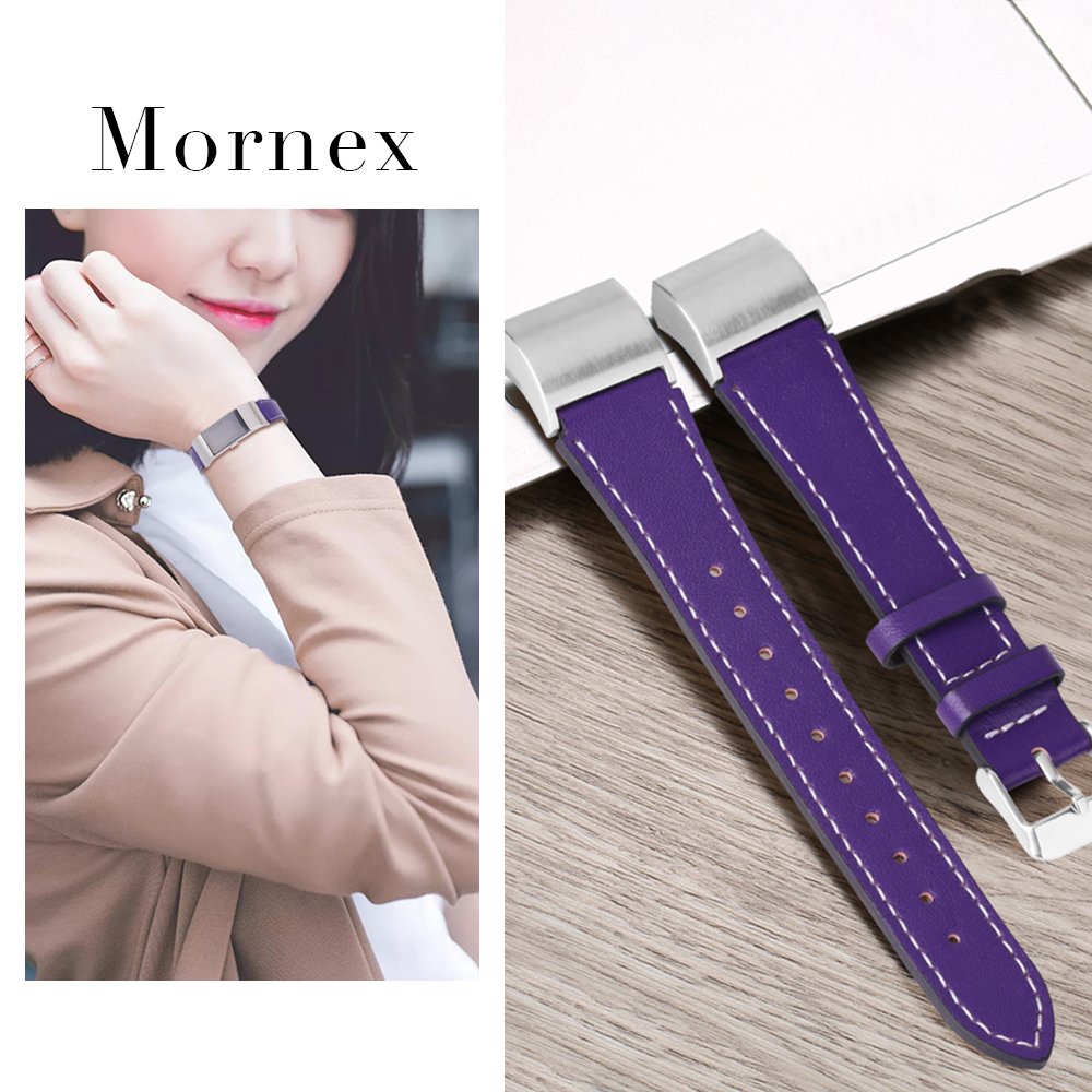 Mornex Strap Compatible with Fitbit Charge 2 Band Leather Strap, Classic Adjustable Replacement Wristband Fitness Accessories With Metal Connectors