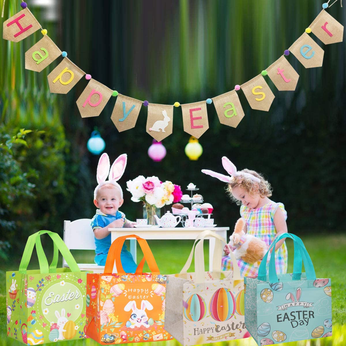 Jwssor 4 packs Reusable Gift Bags,Treat Bags with Handle,Non-woven Bags for Easter Party