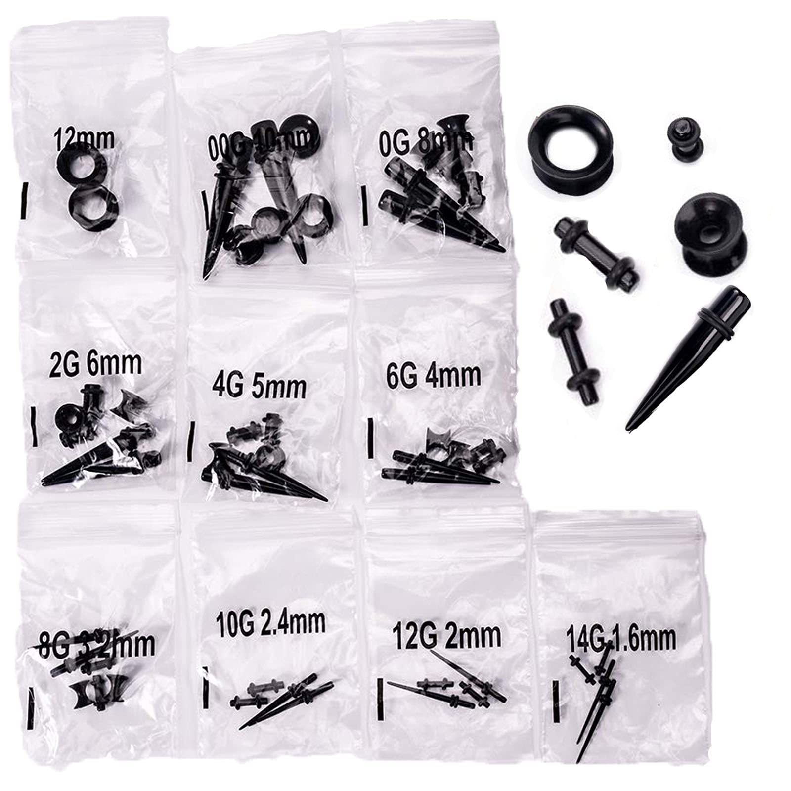 LLGLEU Ear Stretching Kit 50 Pieces 14G-00G Ear Gauges Expander Set Acrylic Tapers and Plugs & Silicone Tunnels Body Piercing Jewelry Set with EVA Box (Black)