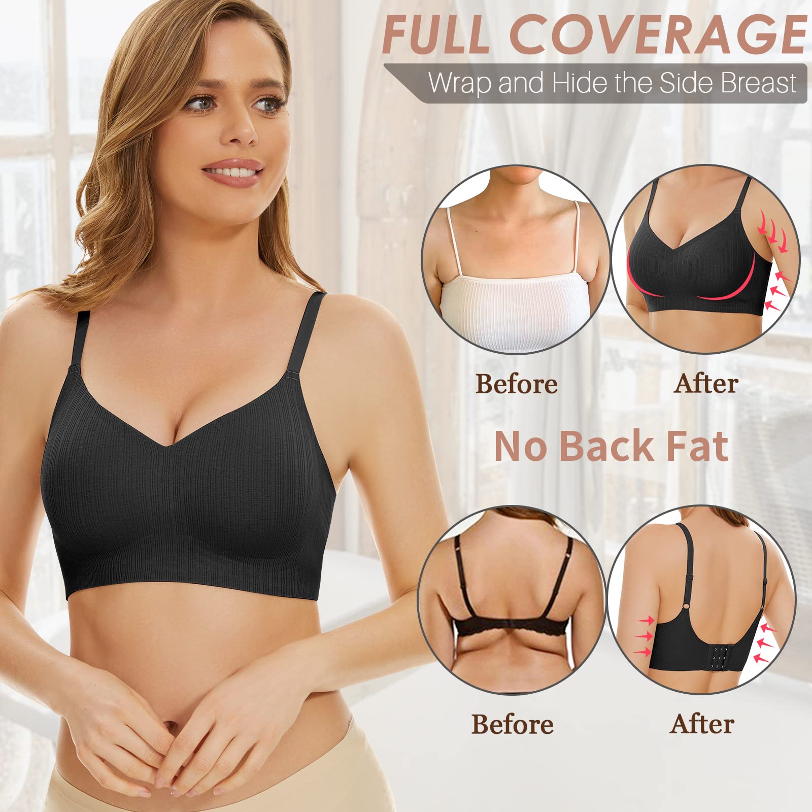 WOWENY Wireless Bras for Women Padded Seamless Bra Push up Ribbed Ladies Comfort Bralettes with Adjustable Straps and Removable Pads for Everyday Wear Black M