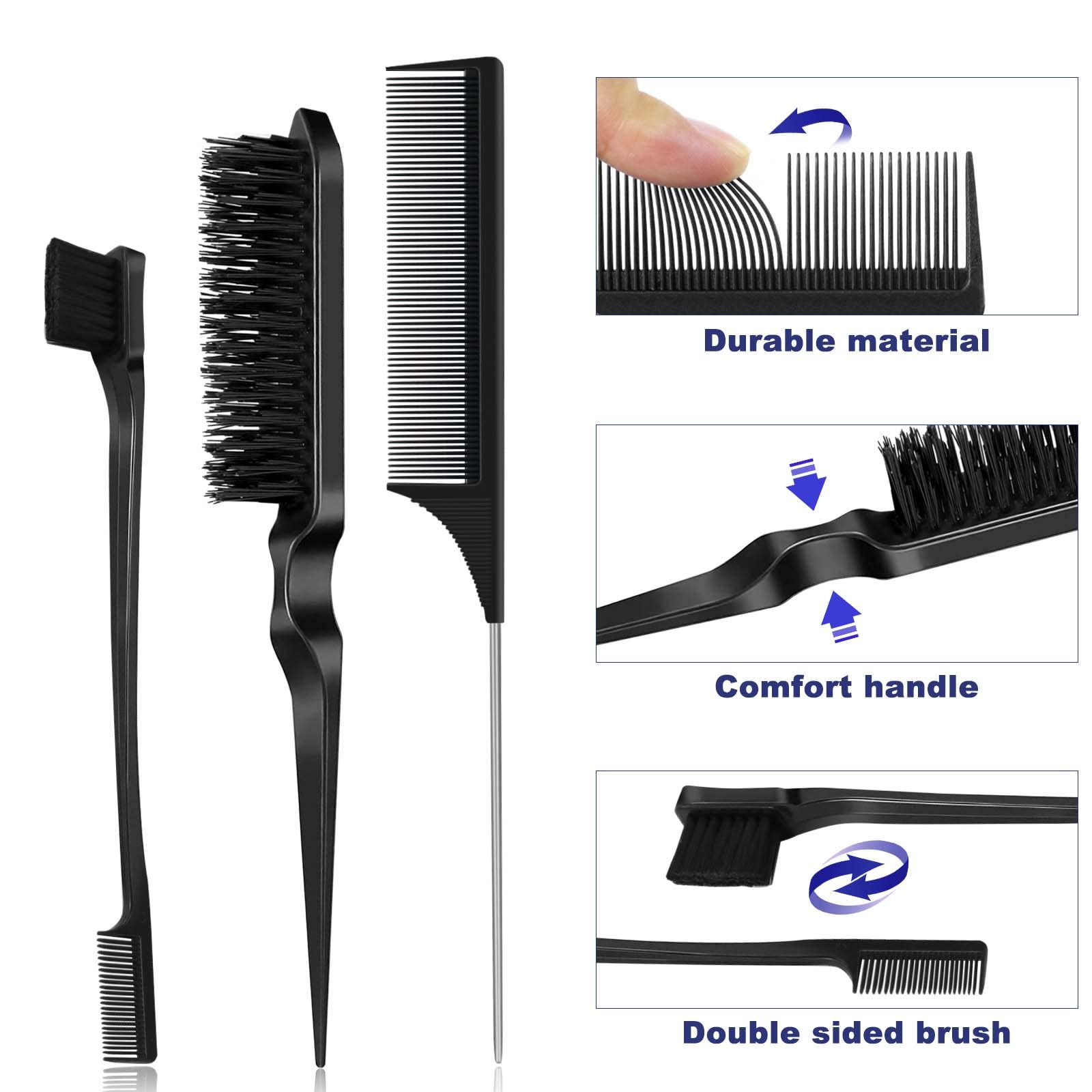 Qufiiry 3Pcs Slick Back Hair Brush Set, Double-Sided Edge Brush, Hard Bristle Brush and Rat Tail Hair Comb, Teasing Hair Edge Brushing, Slicking Hair for Women Men Kids