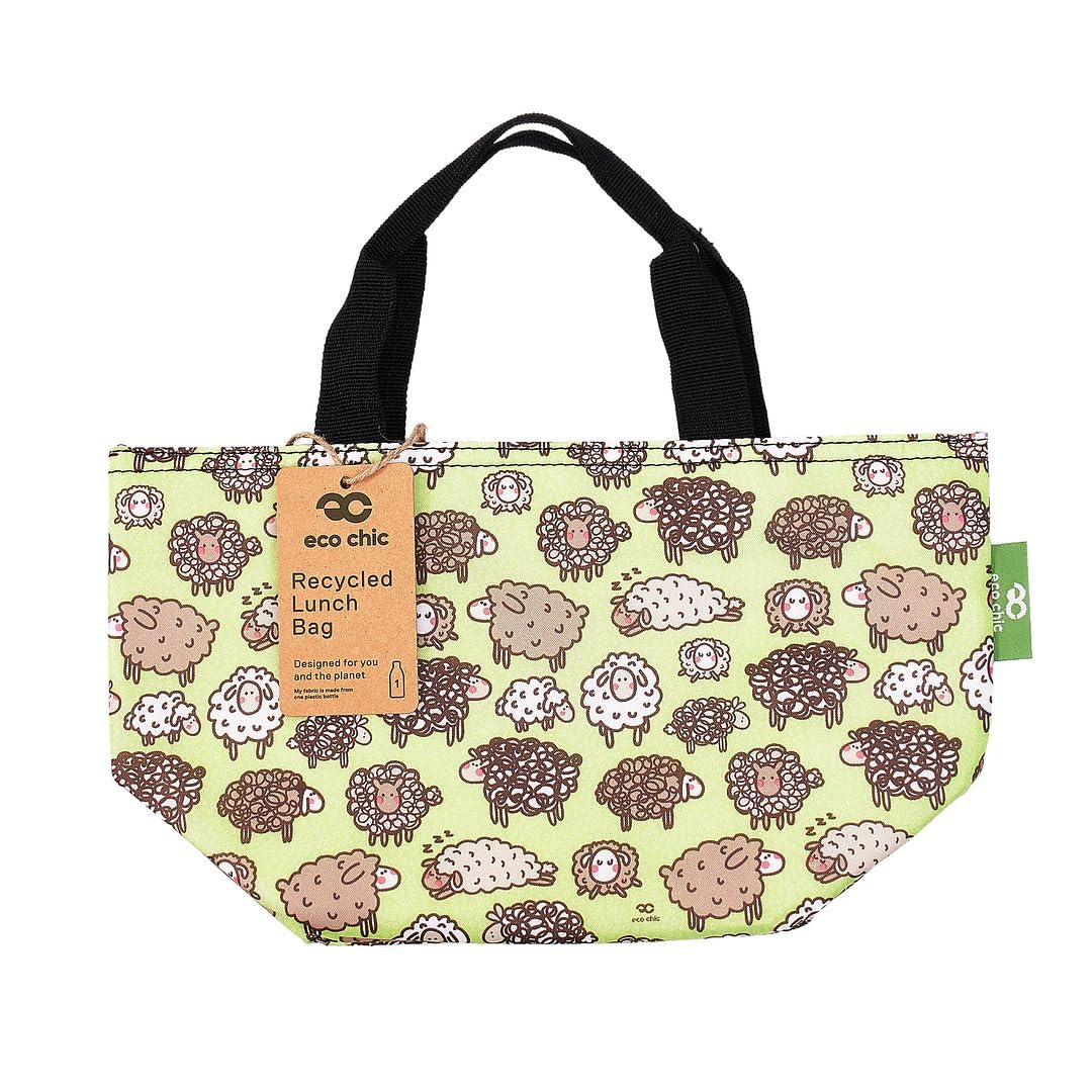 ECO CHIC Lightweight Foldable Insulated Lunch Bag Water Resistant Cooler Bag (Cute Sheep Green)