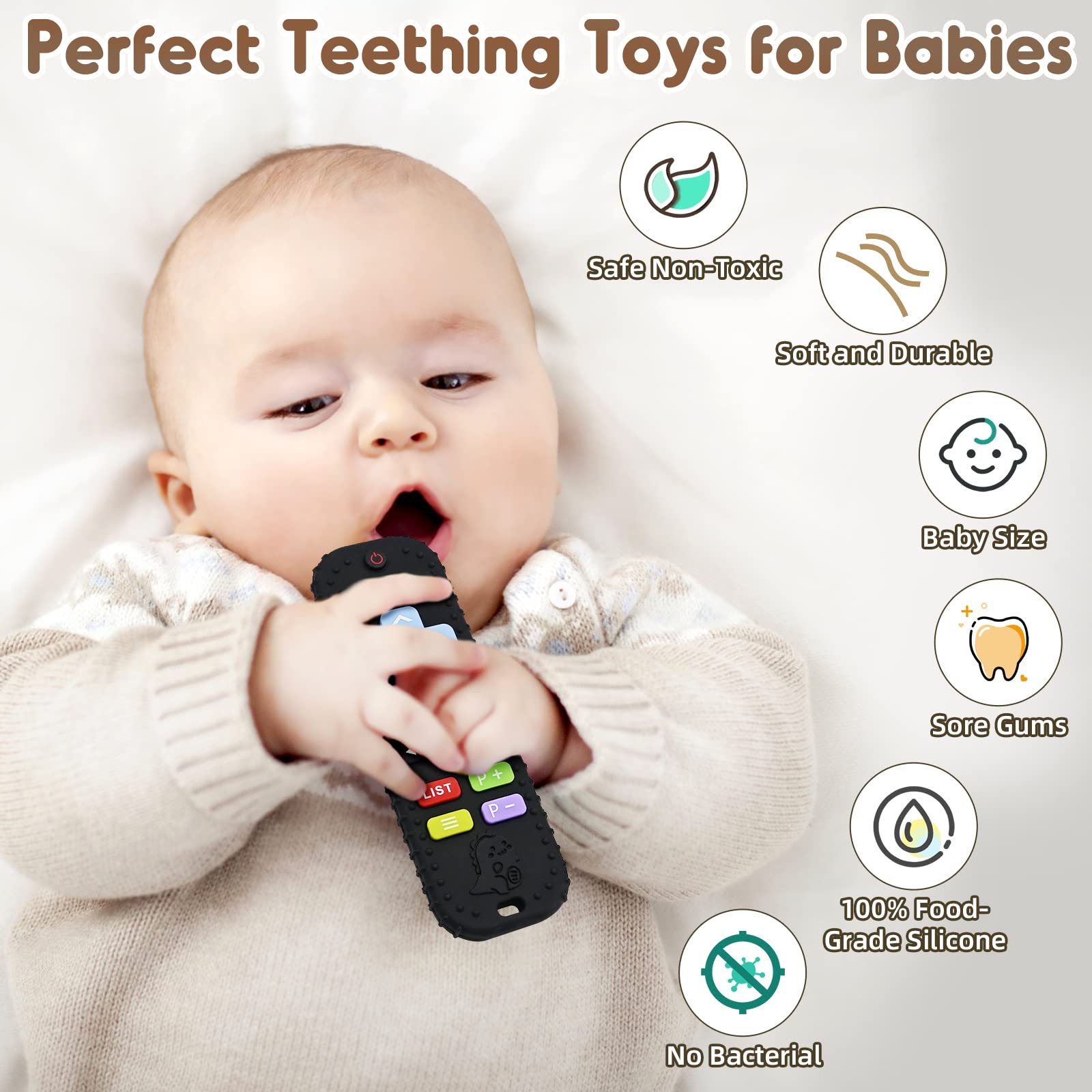 Teething Relief Teethers Toys for Babies 3-6 12 Months Gifts, Silicone Remote Control Baby Teether Bath Toys for 3 6 9 Months Newborn Infant Boy Girl Autism, Food Grade Silicone Sensory Toys, Black