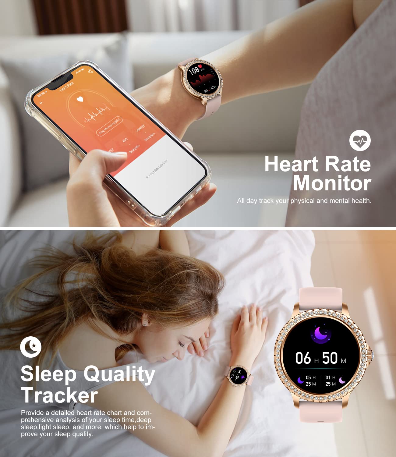 Women's Smart Watch Bluetooth Phone Calls for Android iOS 100and Sport Fitness Tracker 1.32 inches HD Female Smartwatch Heart Rate Sleep Monitor Diamond Ladies Smartwatch Rose Gold Steel,2 Watch Straps