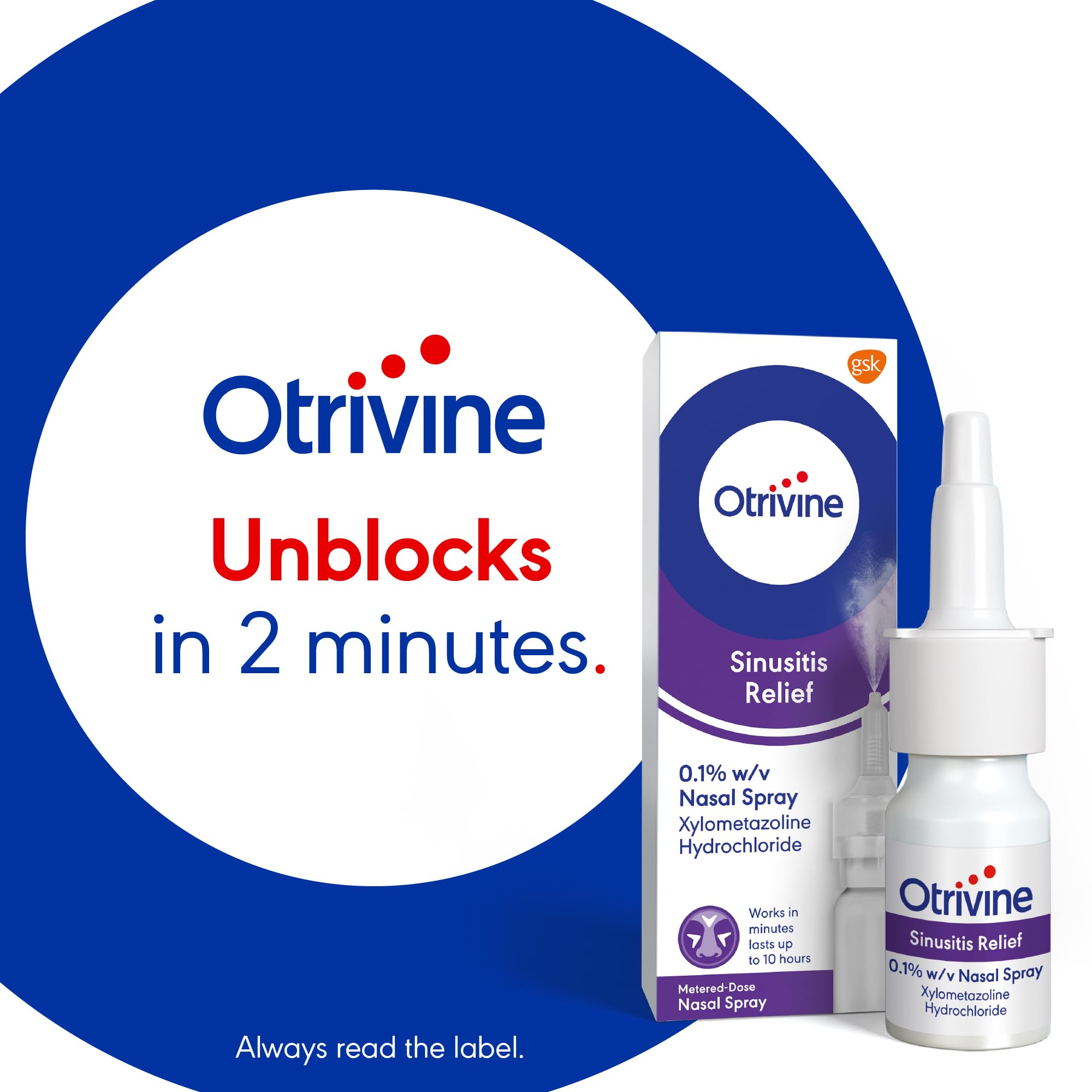 Otrivine Sinusitis Relief Nasal Spray, Blocked Nose Relief and Decongestant, 10ml