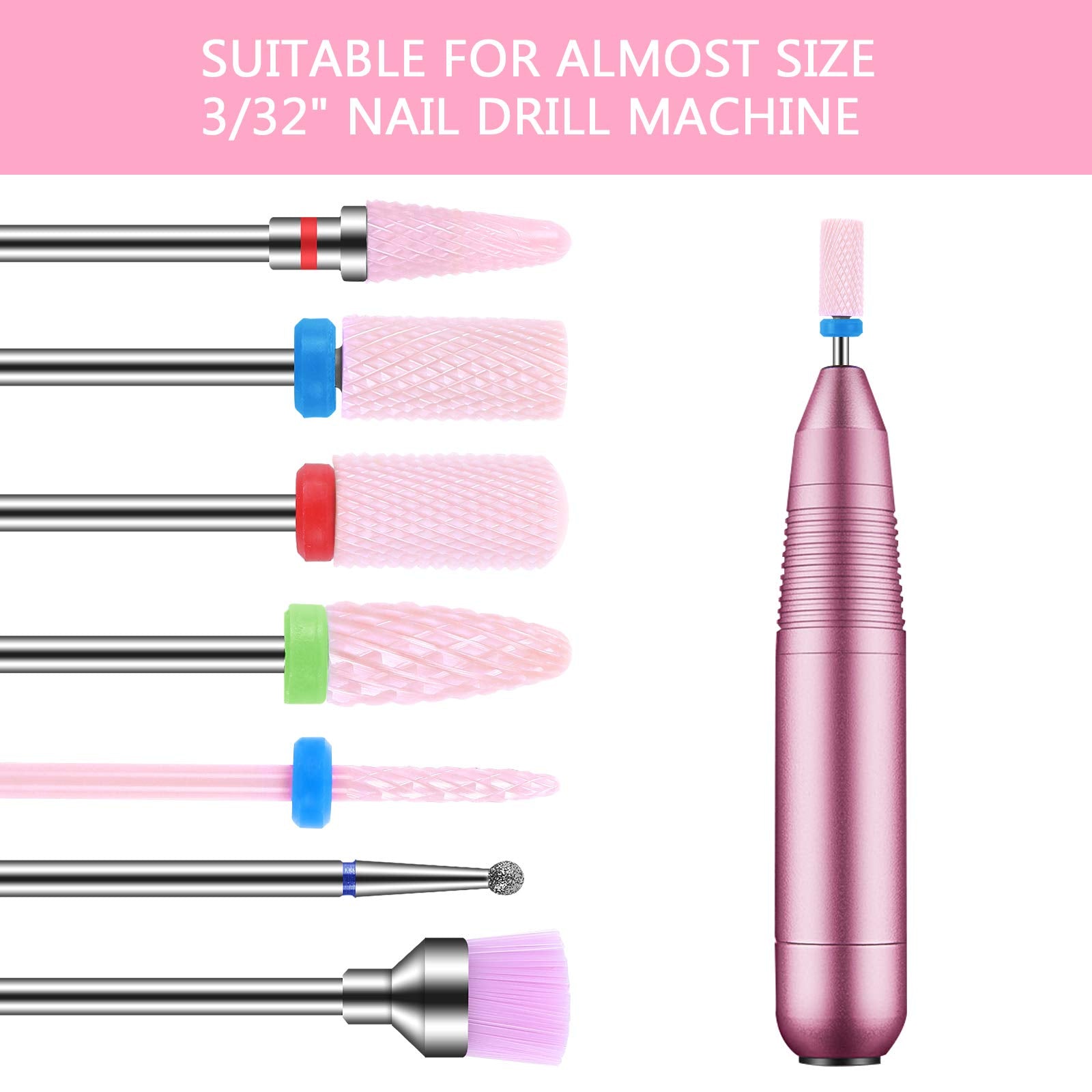 MAQUITA 7 Pieces Ceramic Nail Drill Bits Professional Remove Gel Acrylic Cuticle Diamond Tungsten Carbide Nail Drill Tools for Manicure Pedicure Home Use Great Gift (Pink)