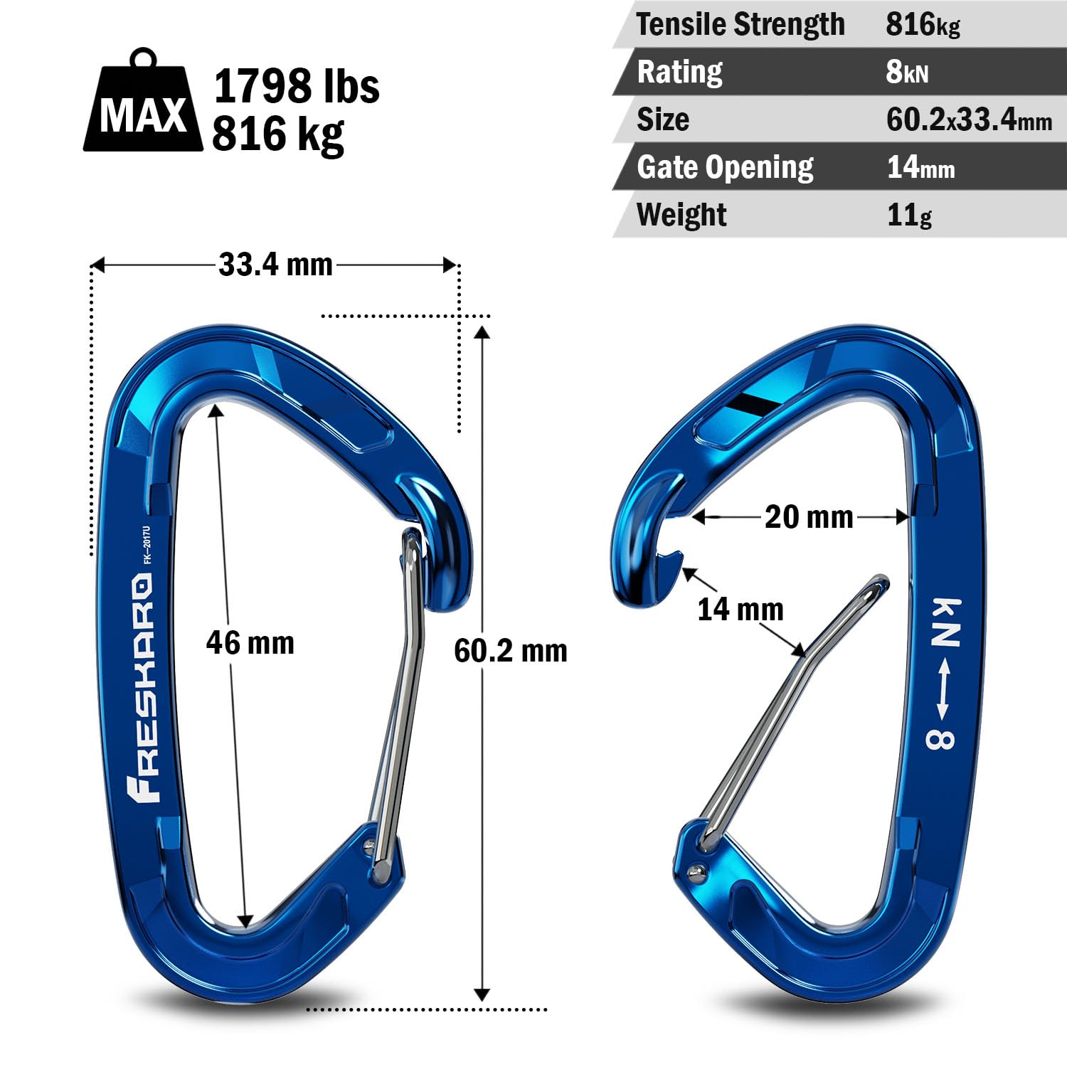 FresKaro 5pack Carabiner Clips, Carabina Clip Medium Duty, Aluminium Karabiner Small Sturdy, Quick Release Spring Snap Wire-gate Hook, 8kN 816kg, for Key Keyring Camping, Bottle Holder, Mini, Blue