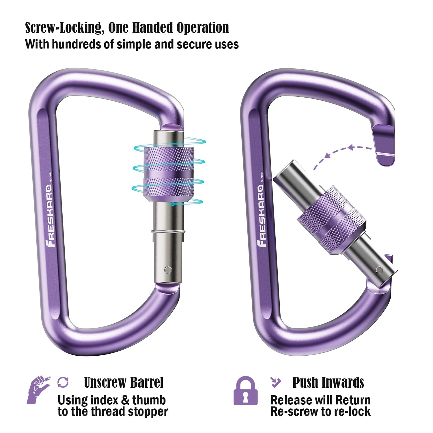 FresKaro 3inch Locking Carabiner Clips Heavy Duty, Strong 12kN Screw-gate Aluminum Carabina, Karabiner Hooks, Rust free, Lightweight, for Dog Lead, Hammocks, Swing, Camping, Key, D-Shaped, Purple 2pcs