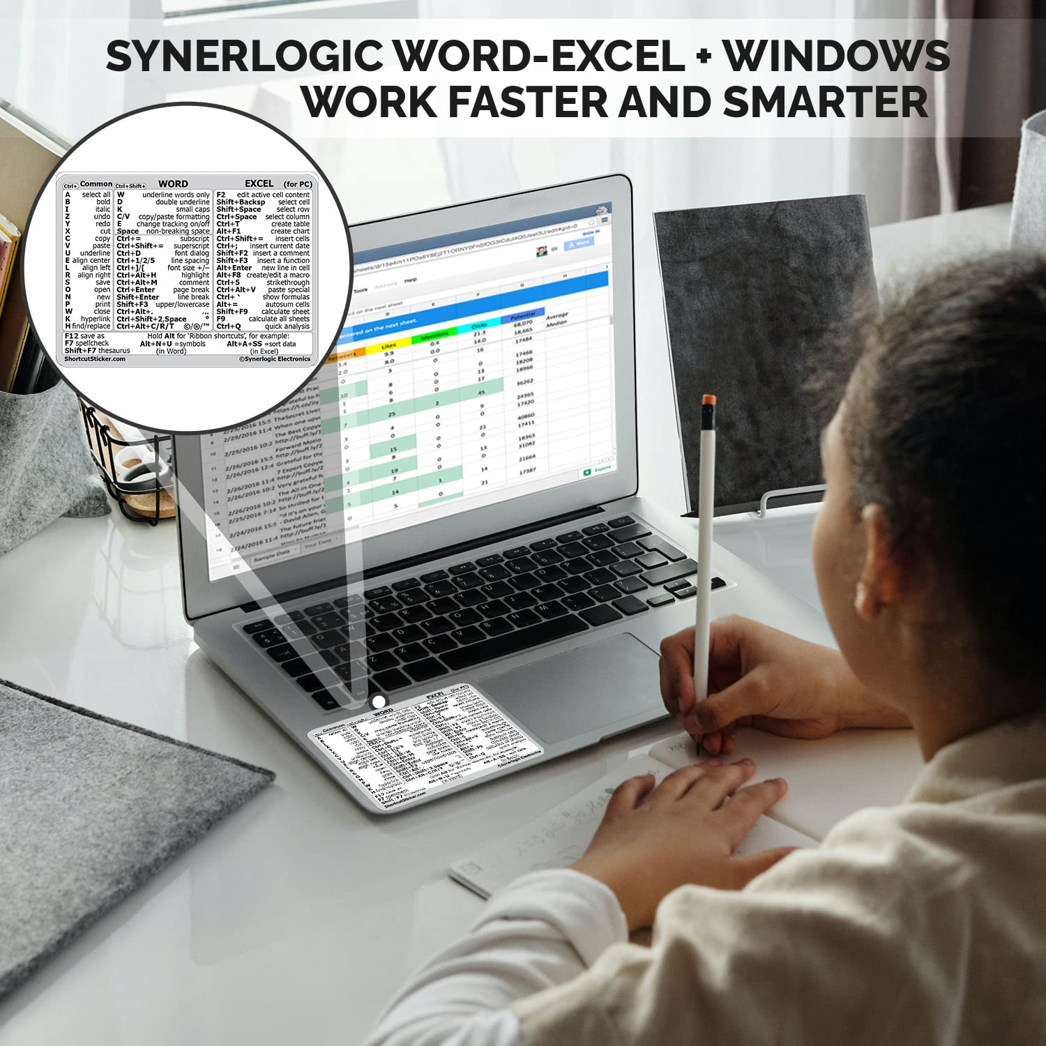 Synerlogic Windows and Word/Excel (for Windows) Quick Reference Guide Keyboard Shortcut Stickers, No-residue Vinyl (White/Large/Combo)