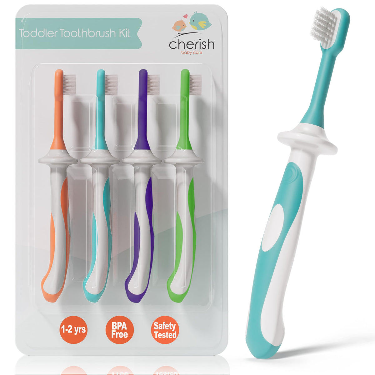 Cherish Baby Care Toddler Toothbrush Set (4-Pack) - BPA-Free & Safety-Tested Kids Toothbrush for 1 Year Old Toddler, Designed by a Paediatric Dentist, Soft-Grip Toothbrush Toddler 1-2 Years (Multi)