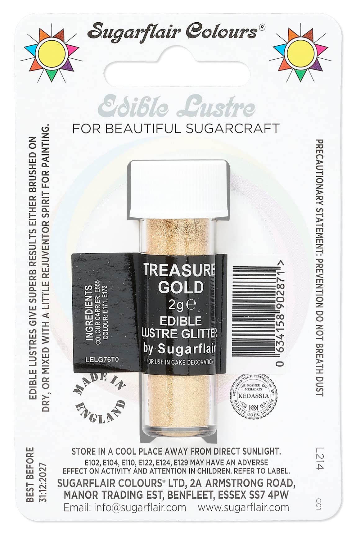 Sugarflair Treasure Gold Edible Lustre Glitter, Add a Lustrous Shine to Cakes or Decorations. Brush On or Add Rejuvenator to Create Eye-Catching Edible Paint - 2g