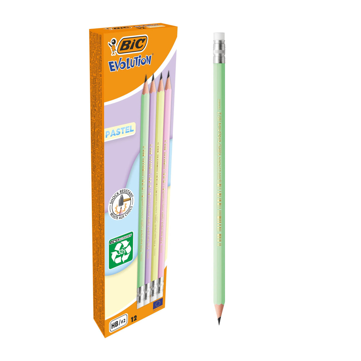 BIC Evolution Pastel Graphite Pencils with Eraser and Shock-Resistant HB Lead - 4 Different Barrel Colours, Pack of 12