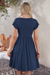 MOLERANI Women Summer Dresses Ruffle Sleeve V Neck Casual Swing Elastic Waist Midi Dress with Pockets Dark Navy Blue 2XL UK 20