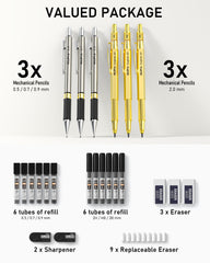 Nicpro 6PCS Gold Mechanical Pencils Set, 3 PCS 2mm Lead Holder (2B HB 2H), Clutch Propelling Drafting Pencil 0.5 mm & 0.7 mm & 0.9 mm For Writing, Sketching Drawing With 12 Tube Lead Refills Case